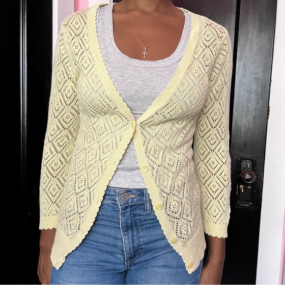Old Navy Yellow fairy crochet eyelet fitted cardigan sweater - Picture 1 of 5